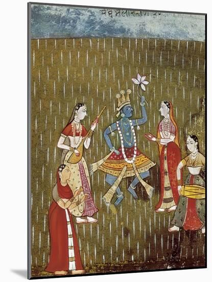 Krishna with a Lotus Flower and His Wife Radha Dancing in the Rain-null-Mounted Art Print