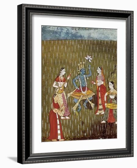 Krishna with a Lotus Flower and His Wife Radha Dancing in the Rain-null-Framed Art Print