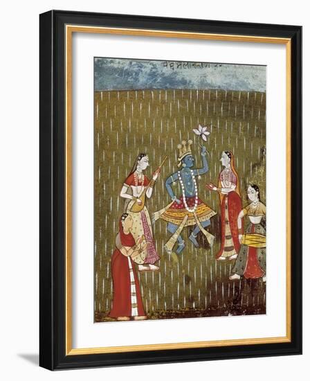 Krishna with a Lotus Flower and His Wife Radha Dancing in the Rain-null-Framed Art Print