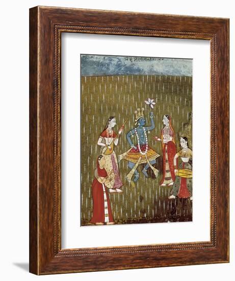 Krishna with a Lotus Flower and His Wife Radha Dancing in the Rain-null-Framed Art Print