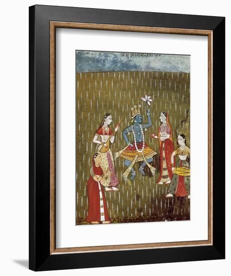 Krishna with a Lotus Flower and His Wife Radha Dancing in the Rain-null-Framed Art Print