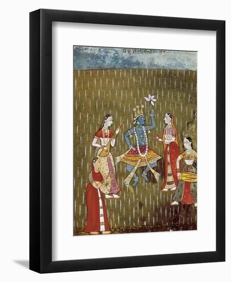 Krishna with a Lotus Flower and His Wife Radha Dancing in the Rain-null-Framed Art Print