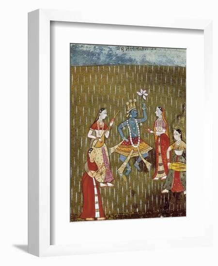 Krishna with a Lotus Flower and His Wife Radha Dancing in the Rain-null-Framed Art Print