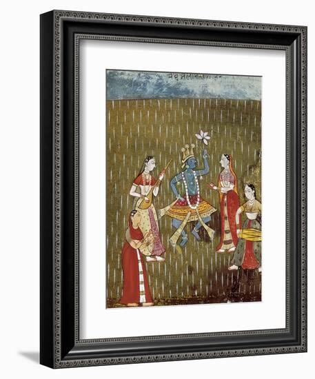 Krishna with a Lotus Flower and His Wife Radha Dancing in the Rain-null-Framed Art Print