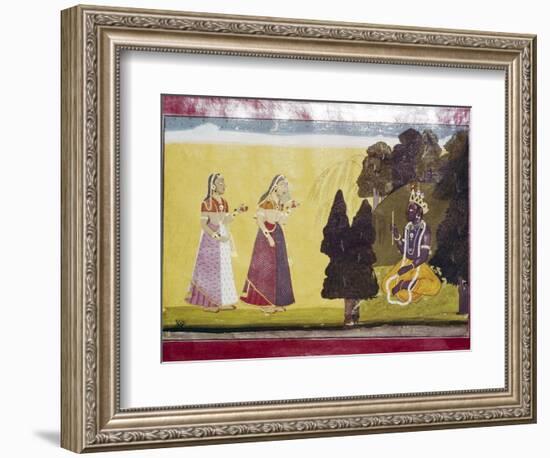 Krishna with flute, approached by two ladies-Unknown-Framed Giclee Print