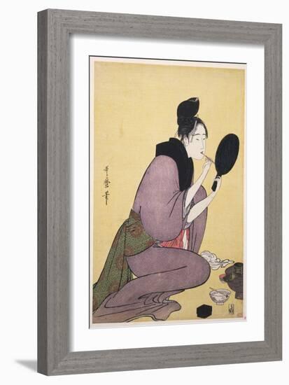 Kuchi-Beni, Painting the Lips (Colour Woodblock Print)-Kitagawa Utamaro-Framed Giclee Print