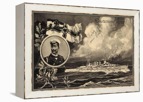 Künstler Ak Deutschland Voran, Kriegsschiff, Kaiser Wilhelm II, Patriotik-German photographer-Framed Premier Image Canvas