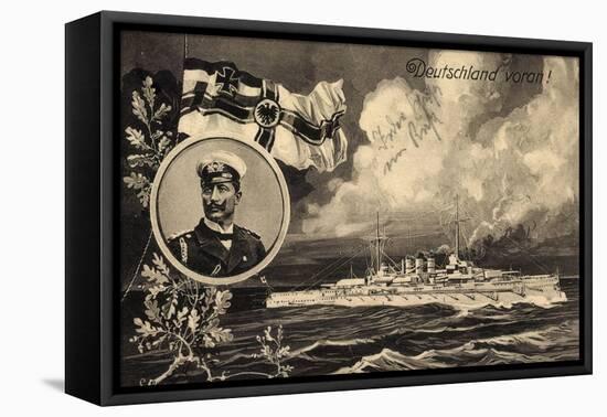 Künstler Ak Deutschland Voran, Kriegsschiff, Kaiser Wilhelm II, Patriotik-German photographer-Framed Premier Image Canvas