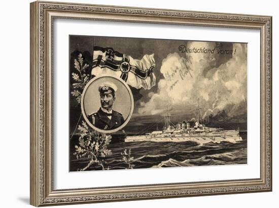 Künstler Ak Deutschland Voran, Kriegsschiff, Kaiser Wilhelm II, Patriotik-German photographer-Framed Photographic Print