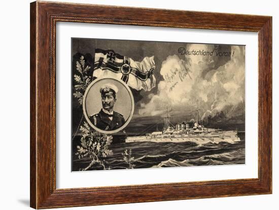 Künstler Ak Deutschland Voran, Kriegsschiff, Kaiser Wilhelm II, Patriotik-German photographer-Framed Photographic Print