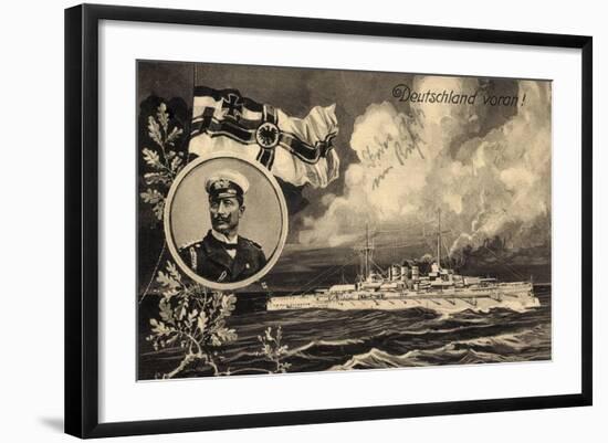 Künstler Ak Deutschland Voran, Kriegsschiff, Kaiser Wilhelm II, Patriotik-German photographer-Framed Photographic Print