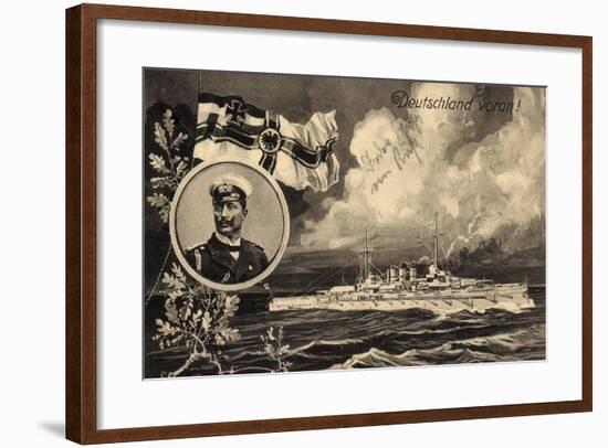 Künstler Ak Deutschland Voran, Kriegsschiff, Kaiser Wilhelm II, Patriotik-German photographer-Framed Photographic Print