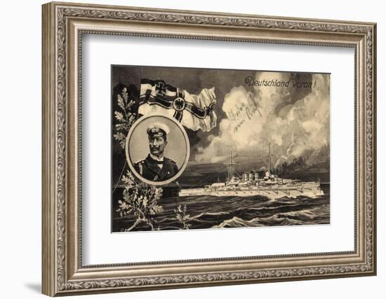 Künstler Ak Deutschland Voran, Kriegsschiff, Kaiser Wilhelm II, Patriotik-German photographer-Framed Photographic Print