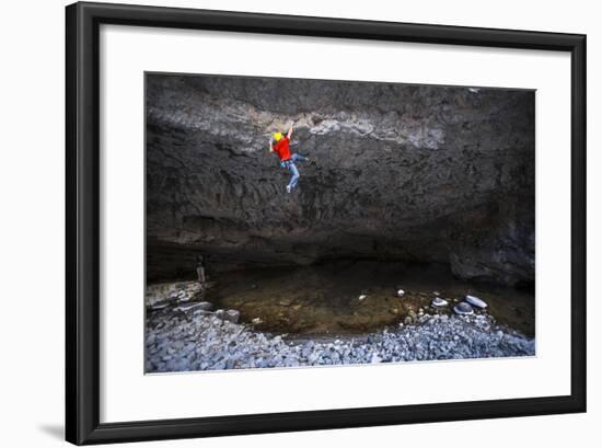 Kyle Vassilopoulos Climbs Out Over A Portion Of The Main Boulder River On Reflective Technique-Ben Herndon-Framed Photographic Print