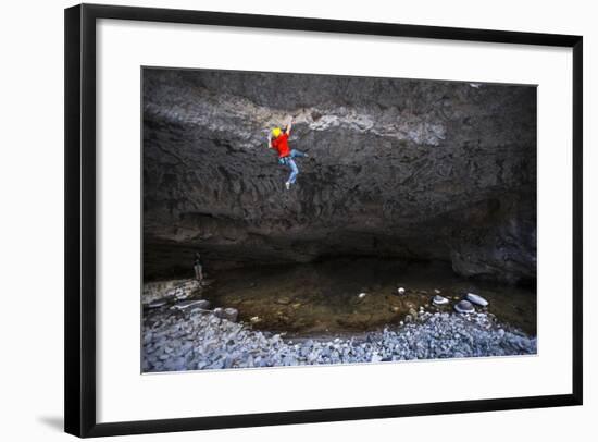 Kyle Vassilopoulos Climbs Out Over A Portion Of The Main Boulder River On Reflective Technique-Ben Herndon-Framed Photographic Print