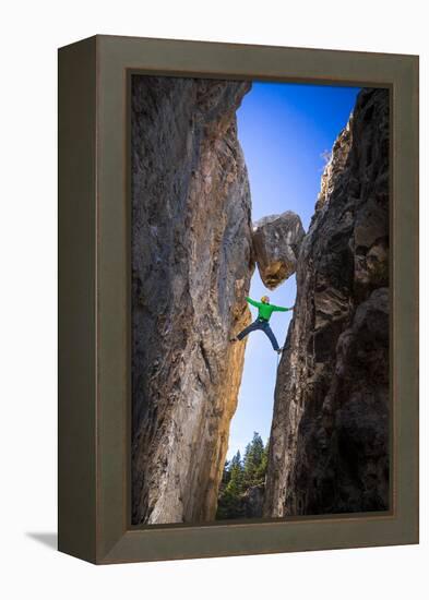 Kyle Vassilopoulos Having Fun Climbing Below A Large Chock Stone Slot Canyon At Natural Bridge SP-Ben Herndon-Framed Premier Image Canvas