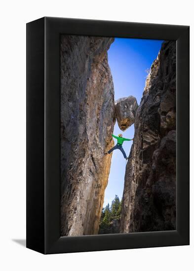 Kyle Vassilopoulos Having Fun Climbing Below A Large Chock Stone Slot Canyon At Natural Bridge SP-Ben Herndon-Framed Premier Image Canvas