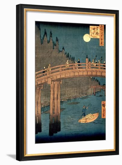 Kyoto Bridge by Moonlight, from the Series "100 Views of Famous Place in Edo," Pub. 1855-Ando Hiroshige-Framed Premium Giclee Print