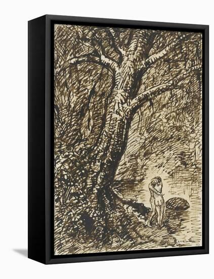 L'heureux moment : couple nu, debout, enlacé sous des grands arbres-Théophile Alexandre Steinlen-Framed Premier Image Canvas