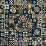 Abstract Seamless Patchwork Background from Metallic Golden Beige and Dark Indigo Blue Ornaments, G-L Kramer-Art Print