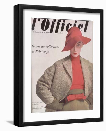 L'Officiel, April 1952 - Ensemble de Jacques Fath, Veste en Tweed de Lesur, Blouse en Jersey-Philippe Pottier-Framed Art Print