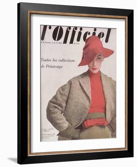 L'Officiel, April 1952 - Ensemble de Jacques Fath, Veste en Tweed de Lesur, Blouse en Jersey-Philippe Pottier-Framed Art Print