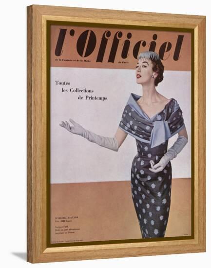 L'Officiel, April 1954 - Jacques Fath, Robe en Gaze Aléoutienne, Imprimée de Staron-Philippe Pottier-Framed Stretched Canvas