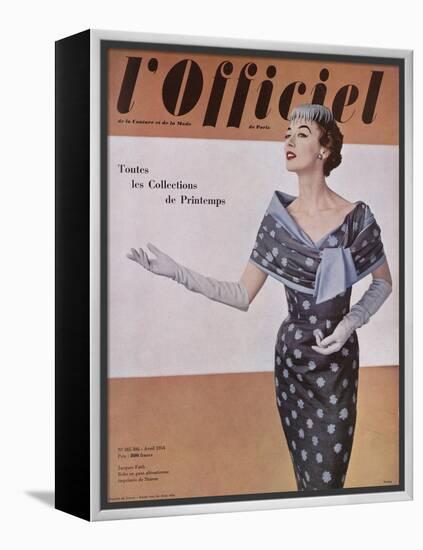 L'Officiel, April 1954 - Jacques Fath, Robe en Gaze Aléoutienne, Imprimée de Staron-Philippe Pottier-Framed Stretched Canvas