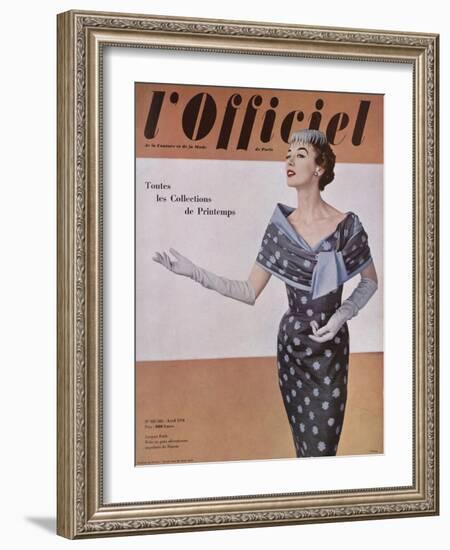 L'Officiel, April 1954 - Jacques Fath, Robe en Gaze Aléoutienne, Imprimée de Staron-Philippe Pottier-Framed Art Print