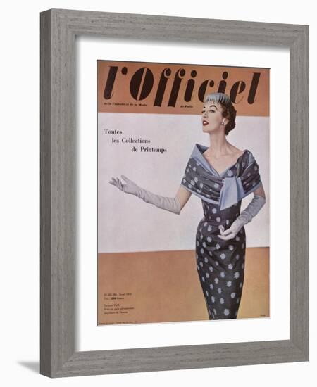 L'Officiel, April 1954 - Jacques Fath, Robe en Gaze Aléoutienne, Imprimée de Staron-Philippe Pottier-Framed Art Print