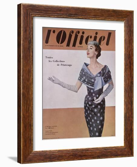 L'Officiel, April 1954 - Jacques Fath, Robe en Gaze Aléoutienne, Imprimée de Staron-Philippe Pottier-Framed Art Print