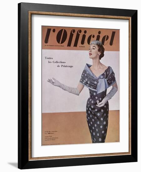 L'Officiel, April 1954 - Jacques Fath, Robe en Gaze Aléoutienne, Imprimée de Staron-Philippe Pottier-Framed Art Print