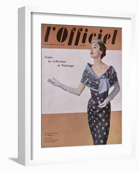 L'Officiel, April 1954 - Jacques Fath, Robe en Gaze Aléoutienne, Imprimée de Staron-Philippe Pottier-Framed Art Print