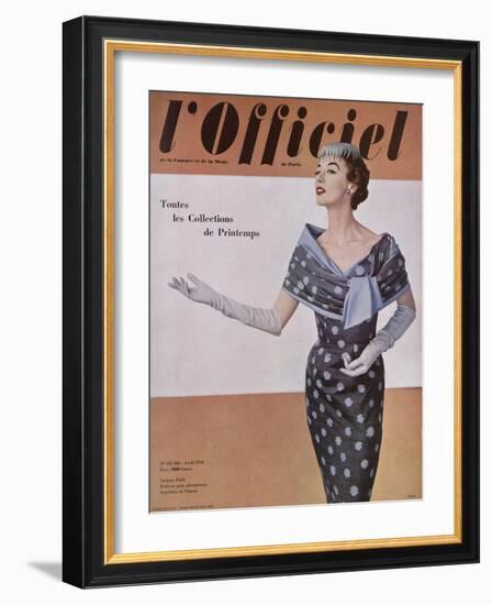 L'Officiel, April 1954 - Jacques Fath, Robe en Gaze Aléoutienne, Imprimée de Staron-Philippe Pottier-Framed Art Print