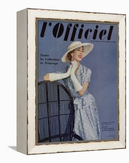 L'Officiel, April 1955 - Ensemble de Pierre Balmain en Twill de Ducharne-Philippe Pottier-Framed Stretched Canvas