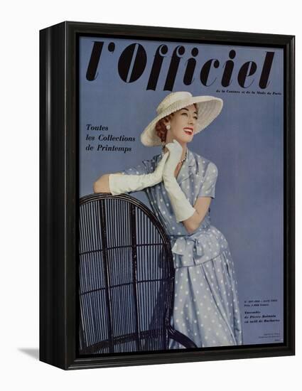 L'Officiel, April 1955 - Ensemble de Pierre Balmain en Twill de Ducharne-Philippe Pottier-Framed Stretched Canvas