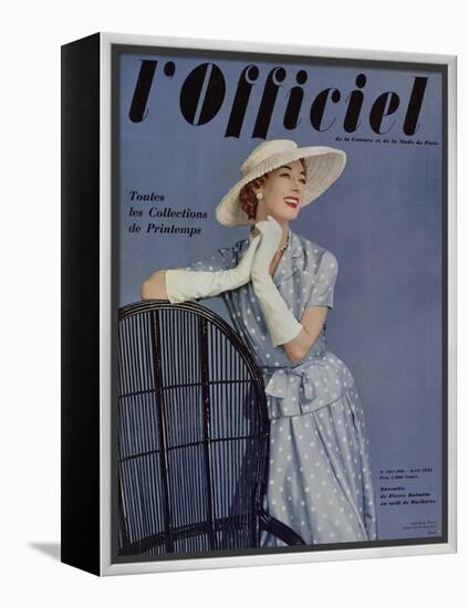 L'Officiel, April 1955 - Ensemble de Pierre Balmain en Twill de Ducharne-Philippe Pottier-Framed Stretched Canvas