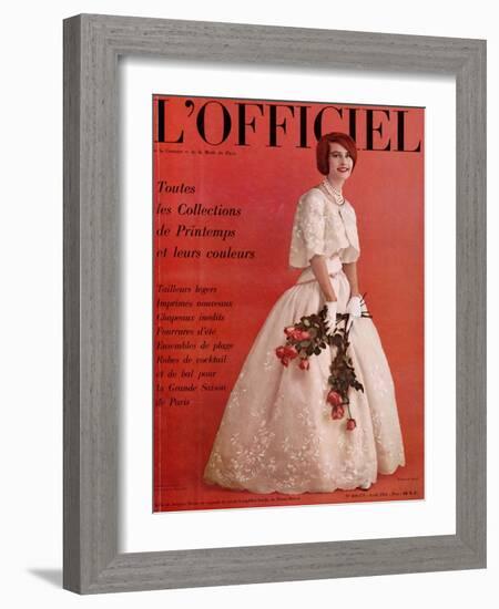 L'Officiel, April 1961 - Robe de Jacques Heim en Organdi de Coton Longfibre Brodé de Pierre Brivet-Roland de Vassal-Framed Art Print