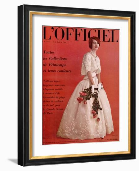L'Officiel, April 1961 - Robe de Jacques Heim en Organdi de Coton Longfibre Brodé de Pierre Brivet-Roland de Vassal-Framed Art Print