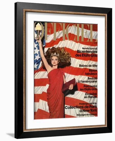 L'Officiel, December 1975 - Robe de Pierre Cardin en Crêpe Rouge d'Abraham, Bijoux de M. Gérard-Patrick Bertrand-Framed Art Print