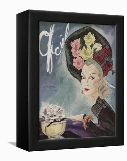 L'Officiel, February 1943 - Chapeau de Paulette, Bijou de Van Cleef et Arpels-Lbenigni-Framed Stretched Canvas