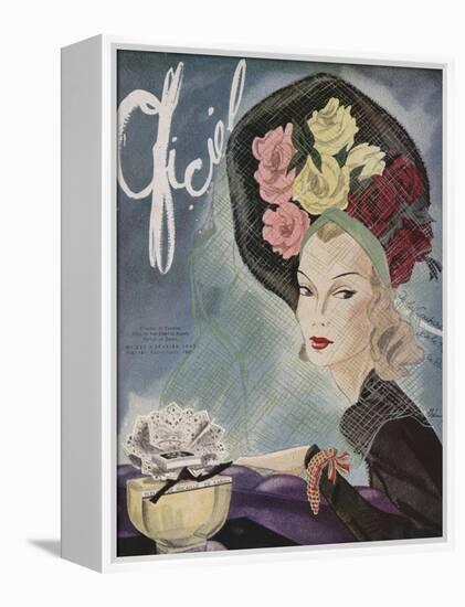 L'Officiel, February 1943 - Chapeau de Paulette, Bijou de Van Cleef et Arpels-Lbenigni-Framed Stretched Canvas