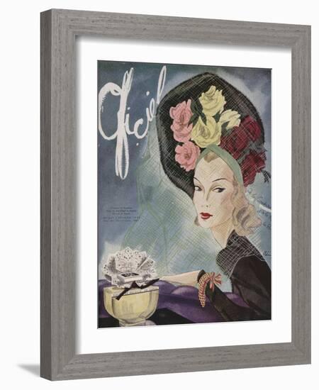 L'Officiel, February 1943 - Chapeau de Paulette, Bijou de Van Cleef et Arpels-Lbenigni-Framed Art Print