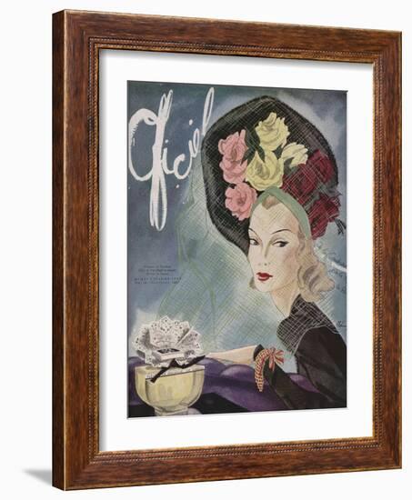 L'Officiel, February 1943 - Chapeau de Paulette, Bijou de Van Cleef et Arpels-Lbenigni-Framed Art Print