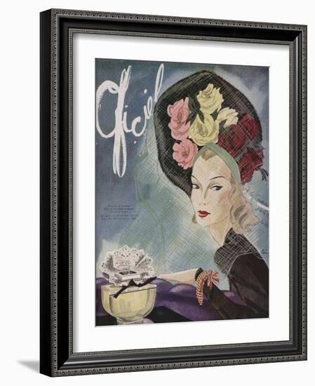 L'Officiel, February 1943 - Chapeau de Paulette, Bijou de Van Cleef et Arpels-Lbenigni-Framed Art Print