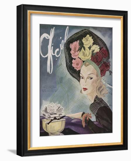 L'Officiel, February 1943 - Chapeau de Paulette, Bijou de Van Cleef et Arpels-Lbenigni-Framed Art Print