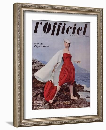 L'Officiel, June 1955 - Grès. Ensemble de Plage en Jersey de Rodier, Cape en Toile de Moreau-Philippe Pottier-Framed Art Print