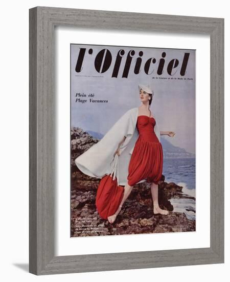 L'Officiel, June 1955 - Grès. Ensemble de Plage en Jersey de Rodier, Cape en Toile de Moreau-Philippe Pottier-Framed Art Print