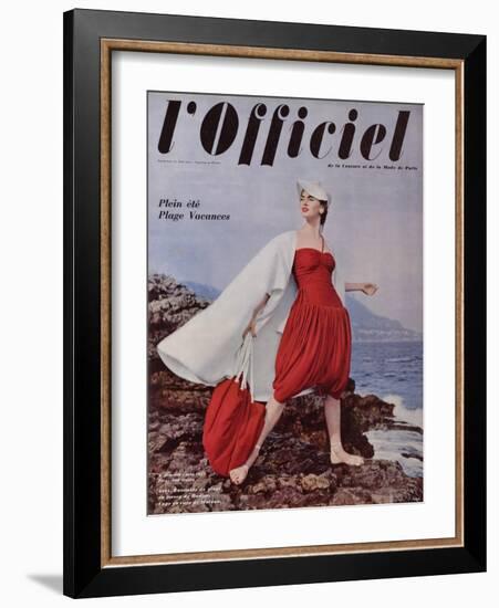 L'Officiel, June 1955 - Grès. Ensemble de Plage en Jersey de Rodier, Cape en Toile de Moreau-Philippe Pottier-Framed Art Print