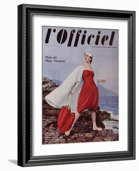 L'Officiel, June 1955 - Grès. Ensemble de Plage en Jersey de Rodier, Cape en Toile de Moreau-Philippe Pottier-Framed Art Print